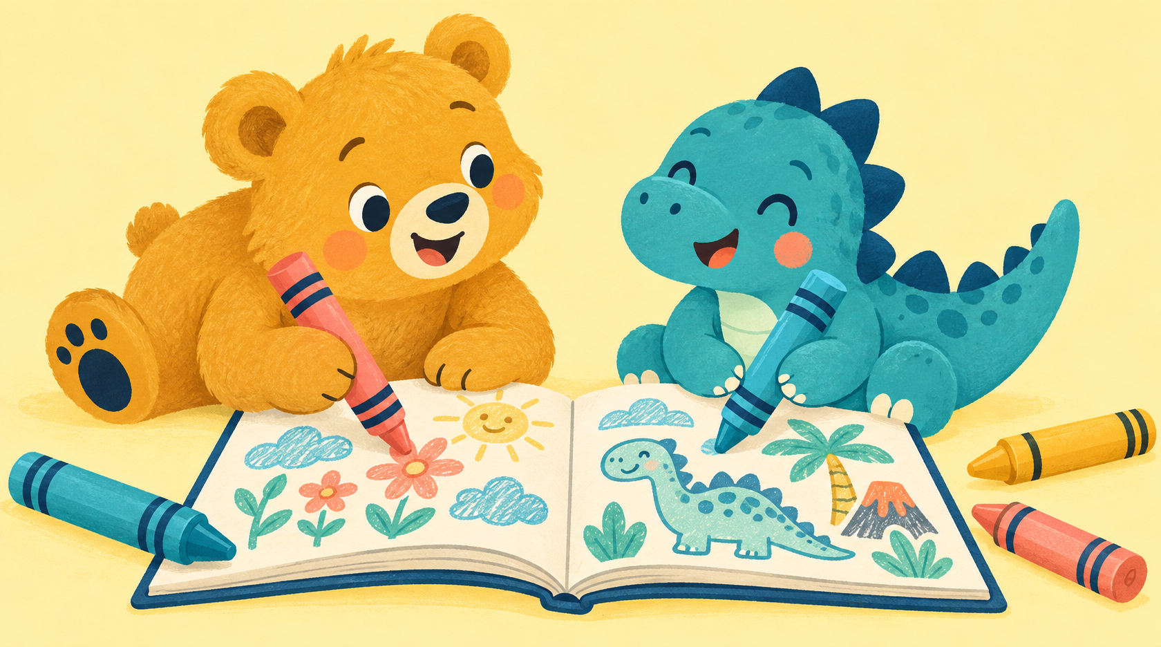 A bear cub and dinosaur enjoying colouring together